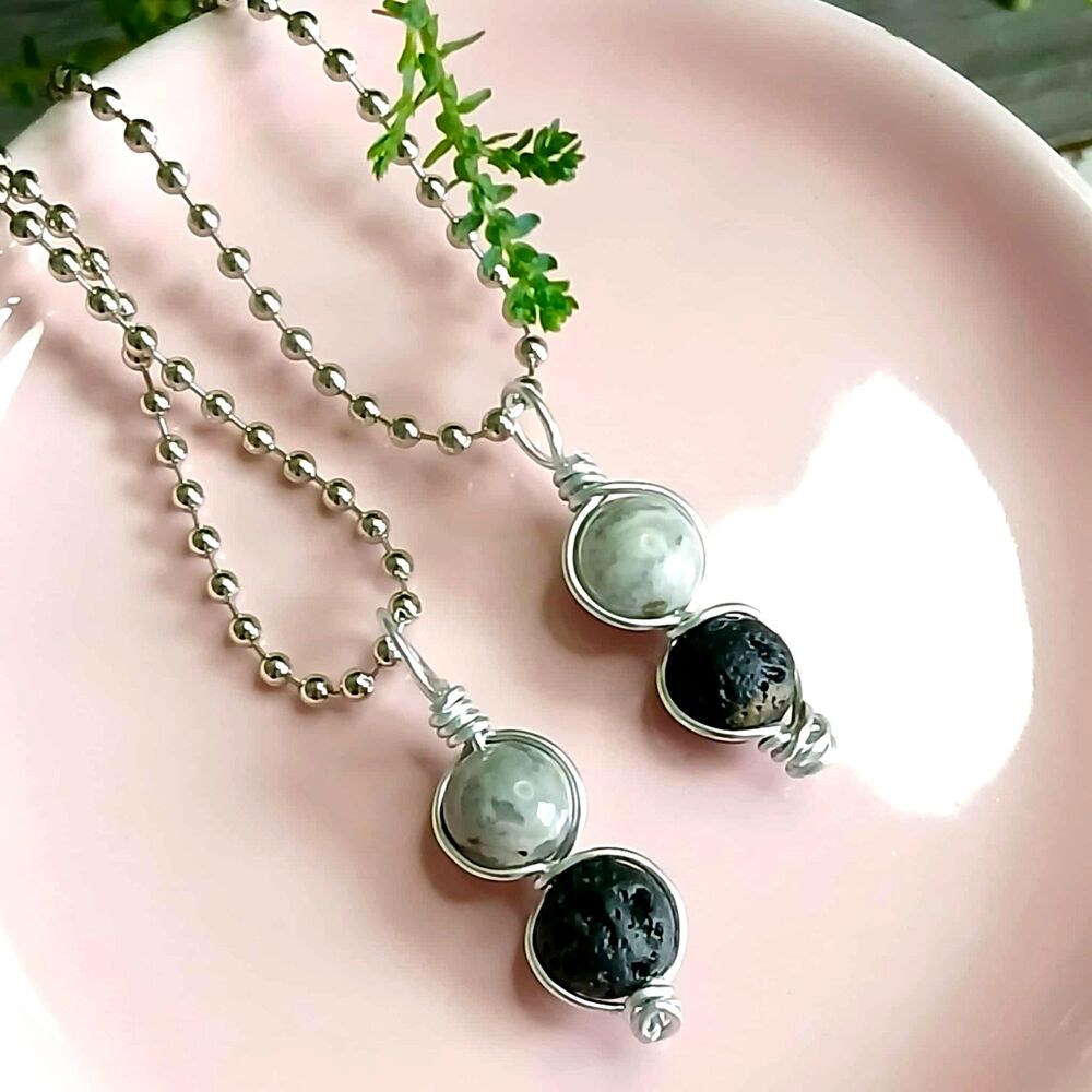 Picasso Jasper & Lava Crystal Necklace, Gemstone Jewelry, 16" Ball Chain